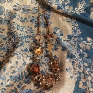 Treska Earthy colors, Animal Print   Beaded Necklace 22" Acrylic Silver Tone